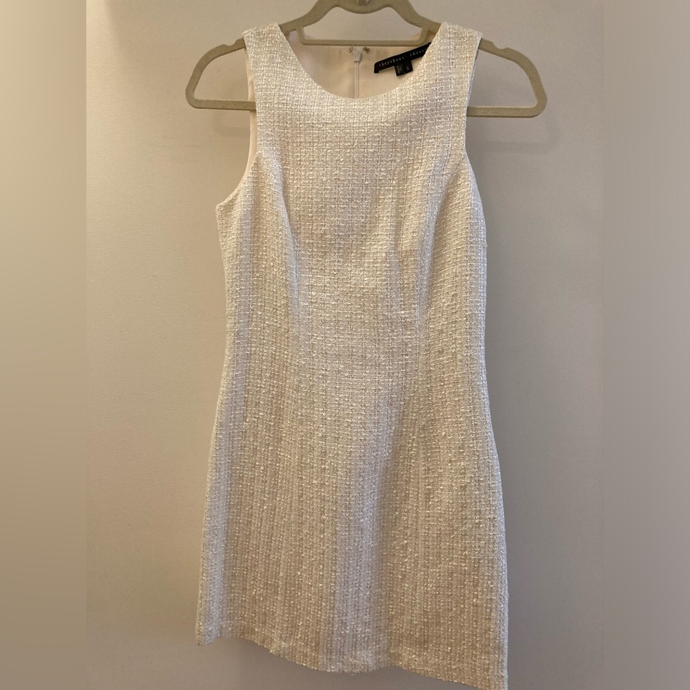 Theory sleeveless tweed dress in ivory